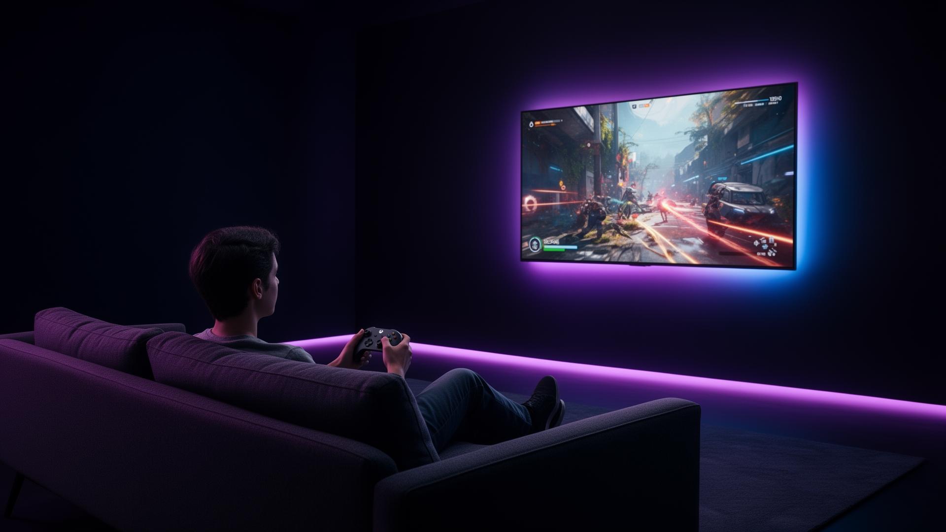 A person on a couch holding a controller while playing on a large TV with blue and violet lighting