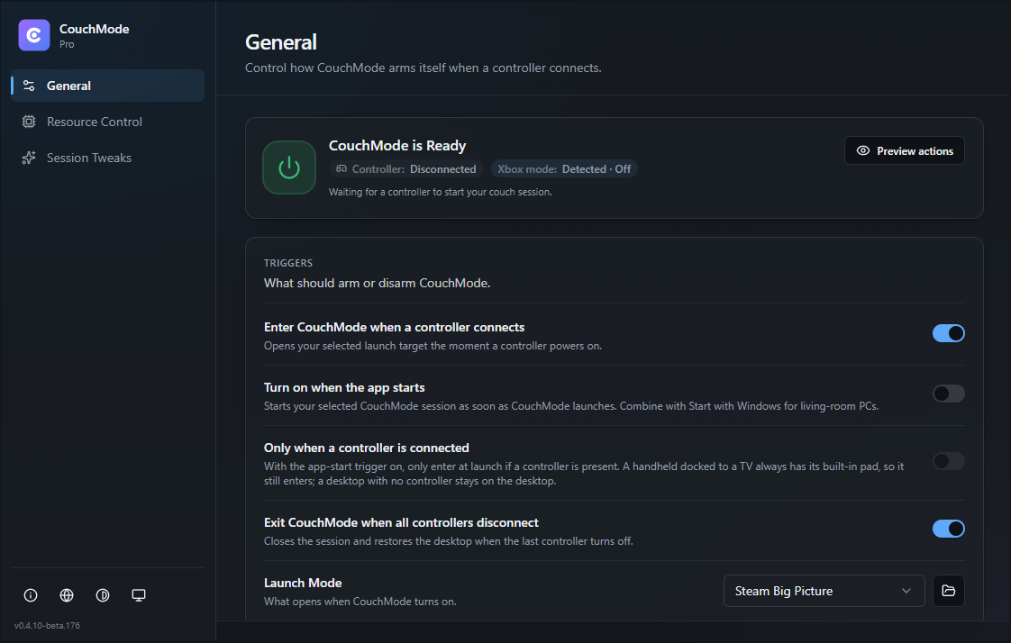 CouchMode General controller and launcher settings.