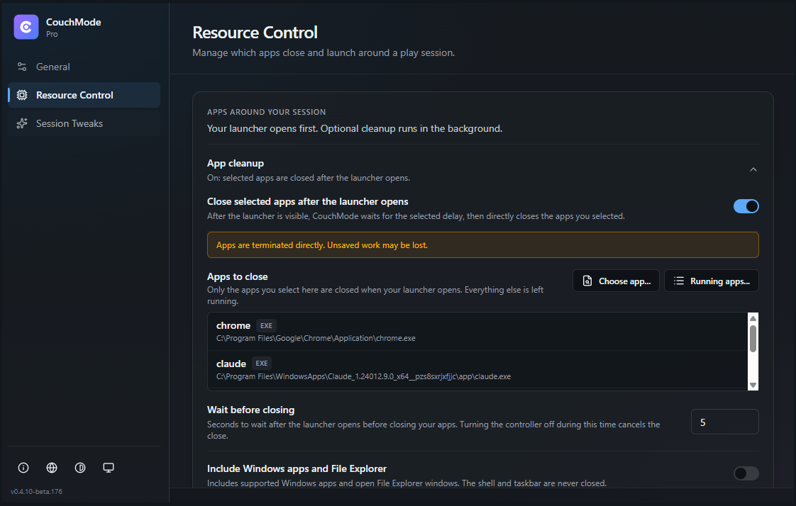 CouchMode Resource Control application cleanup settings.